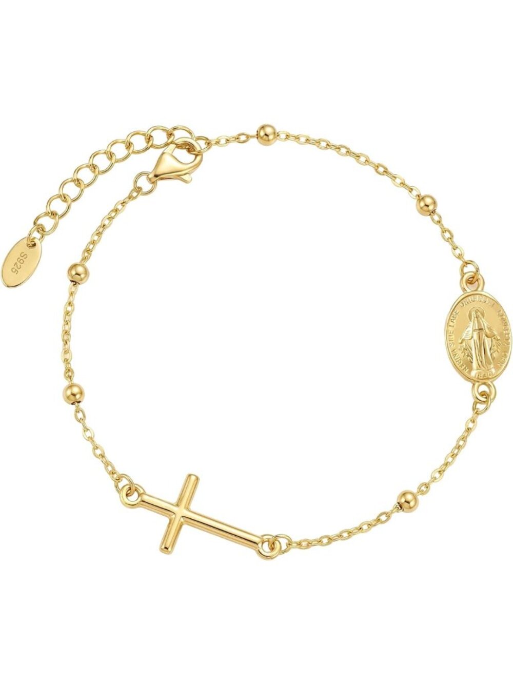 Elegant 18K Gold Rosary Bracelet with S925 Miraculous Medal & Cross Charm